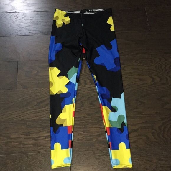 Womens Lets Fight Autism Puzzle pieces rainbow Leggings Tight yoga stretch Pants - Picture 1 of 5